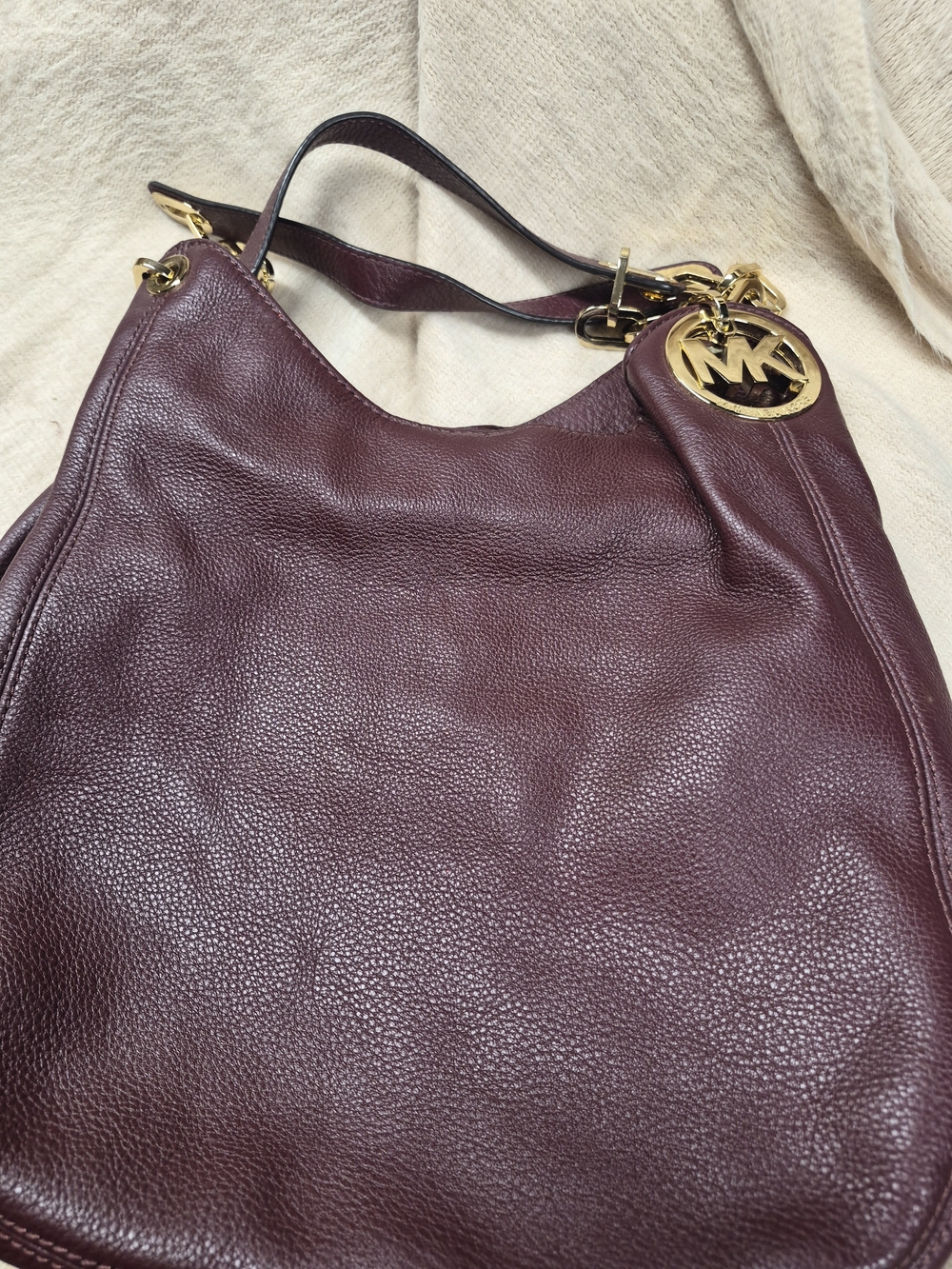 Michael Kors Wine Pebbled Leather Shoulder Bag with Gold Hardware